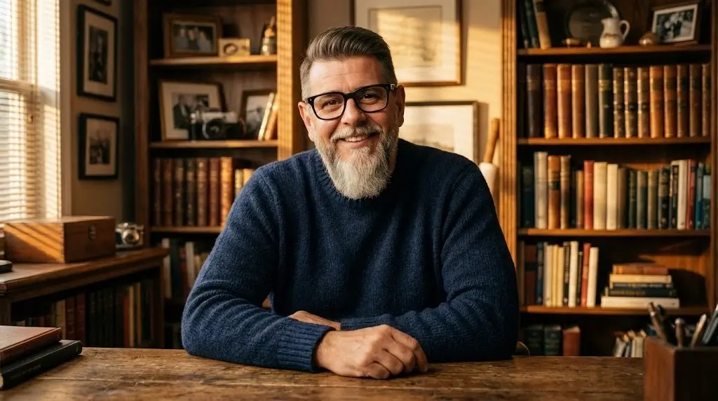 Angelo Risso, fondatore di Pensiero Potente, seduto alla scrivania nel suo studio, ritratto professionale e accogliente.