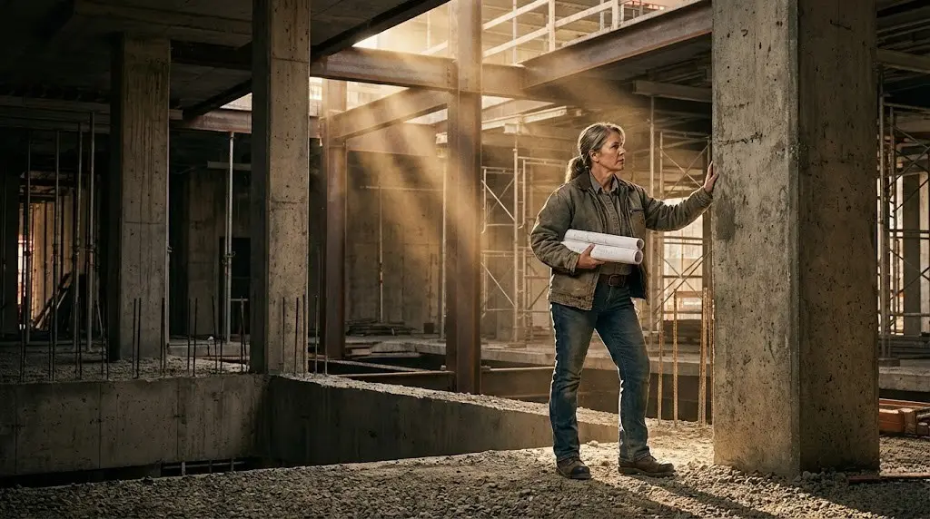 Donna matura in un cantiere edile che esamina un pilastro di cemento, metafora della costruzione dei 6 pilastri dell'autostima.