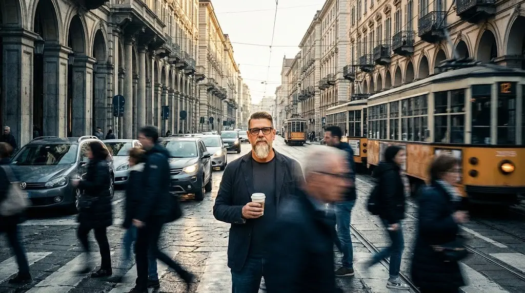 Angelo fermo e calmo in mezzo a una folla sfocata, simbolo del coraggio di non piacere e dell'indipendenza dal giudizio.