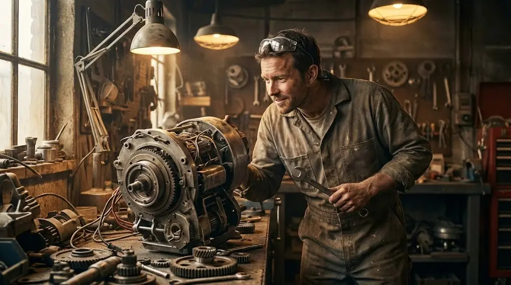 Un ragazzo in officina analizza un prototipo rotto o incompleto, simbolo del superamento del perfezionismo e dell'apprendimento dall'errore.