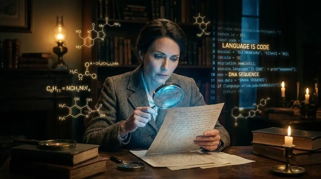 Donna esamina parole e formule chimiche con una lente, metafora dell'intelligenza linguistica e dell'effetto delle parole sul cervello.