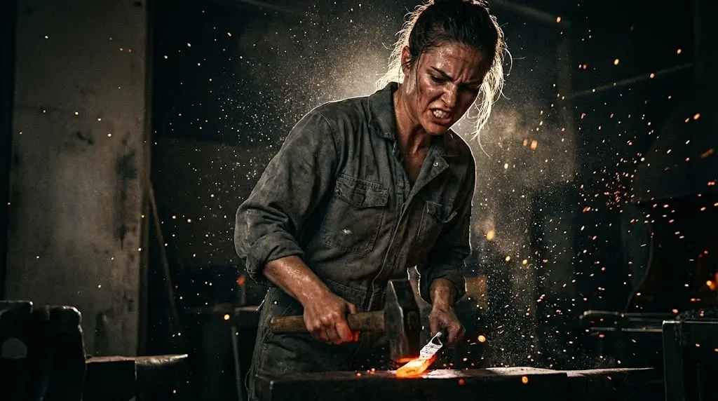 Giovane donna che duramente lavora il metallo, simbolo dello sforzo che crea forza (Antifragilità).