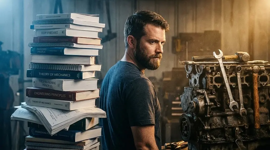 Ragazzo in officina sceglie gli attrezzi da lavoro invece dei manuali teorici, simbolo della pratica che batte la teoria.