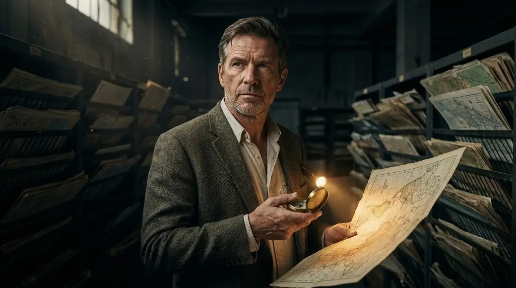 Uomo maturo che consulta una bussola in un ambiente buio, metafora del trovare il proprio scopo e i valori guida.