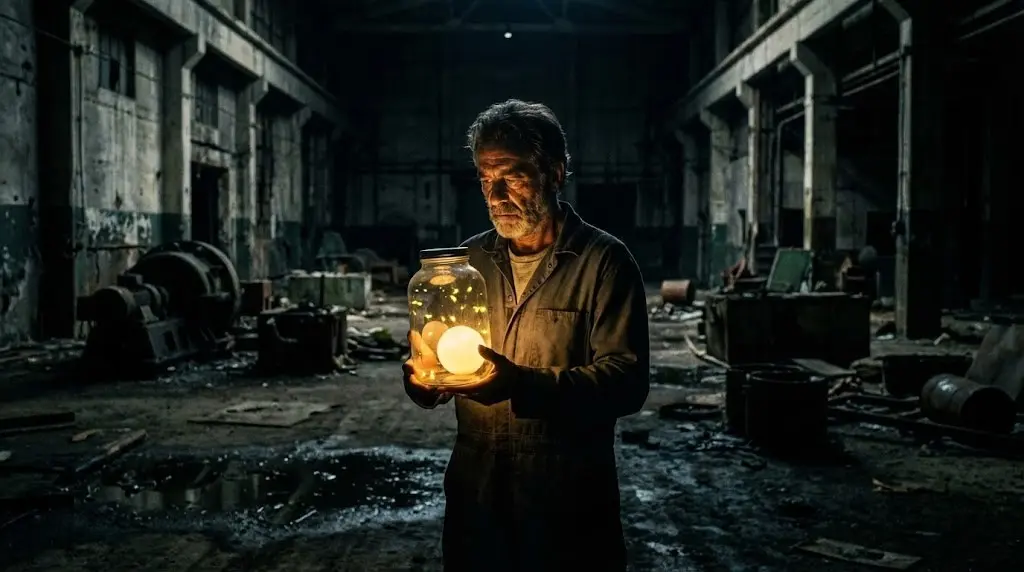 Uomo maturo fissa un barattolo luminoso in una stanza buia, metafora della trappola della felicità che isola dalla realtà.