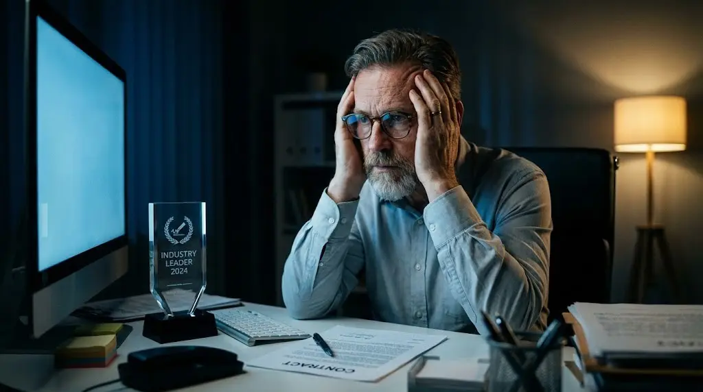 Uomo maturo in ufficio di notte con la testa tra le mani davanti a un premio, simbolo della Sindrome dell'Impostore.