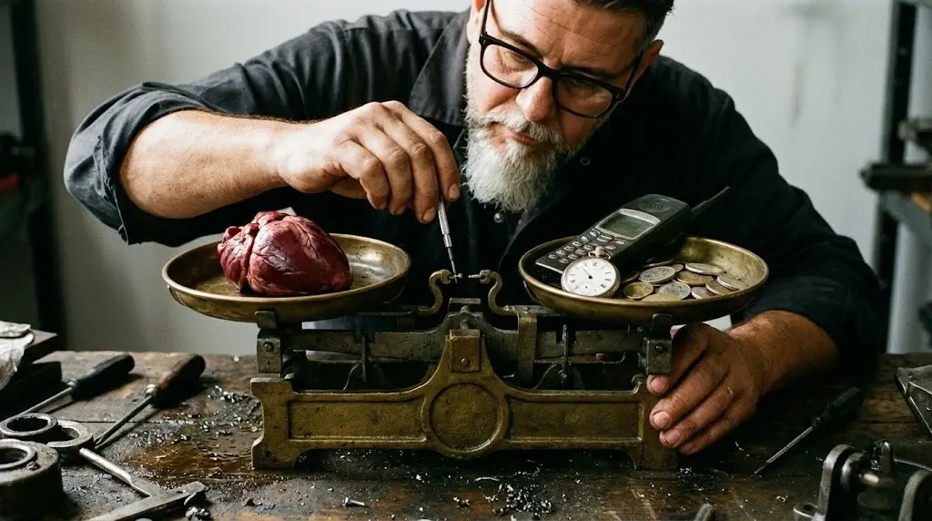 Angelo calibra con precisione una bilancia che pesa la salute fisica (cuore) contro lavoro e tempo, simbolo di Benessere ed Equilibrio pratico.