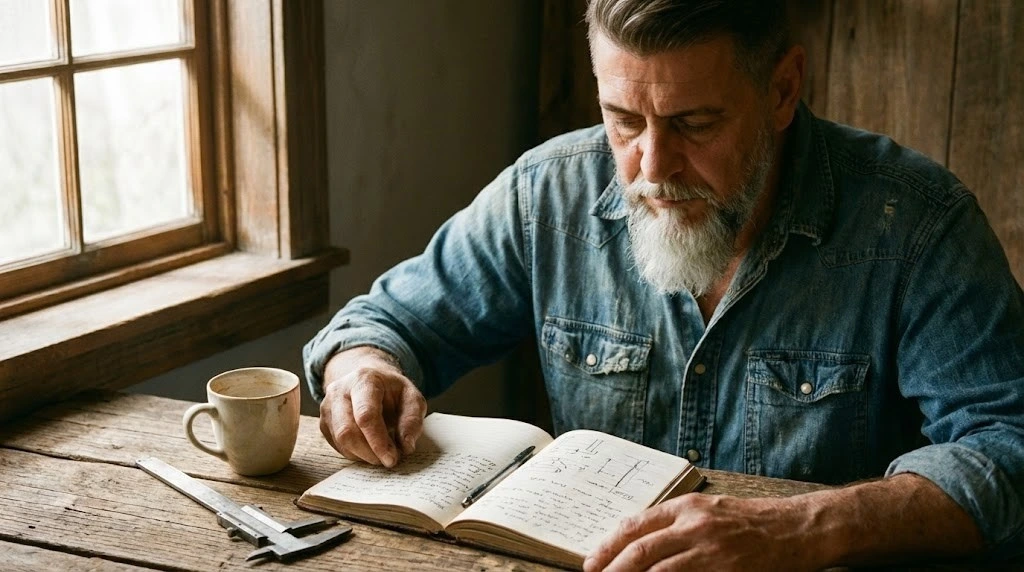 Angelo al banco di lavoro mentre studia appunti di crescita personale e miglioramento continuo, con un calibro e un quaderno.