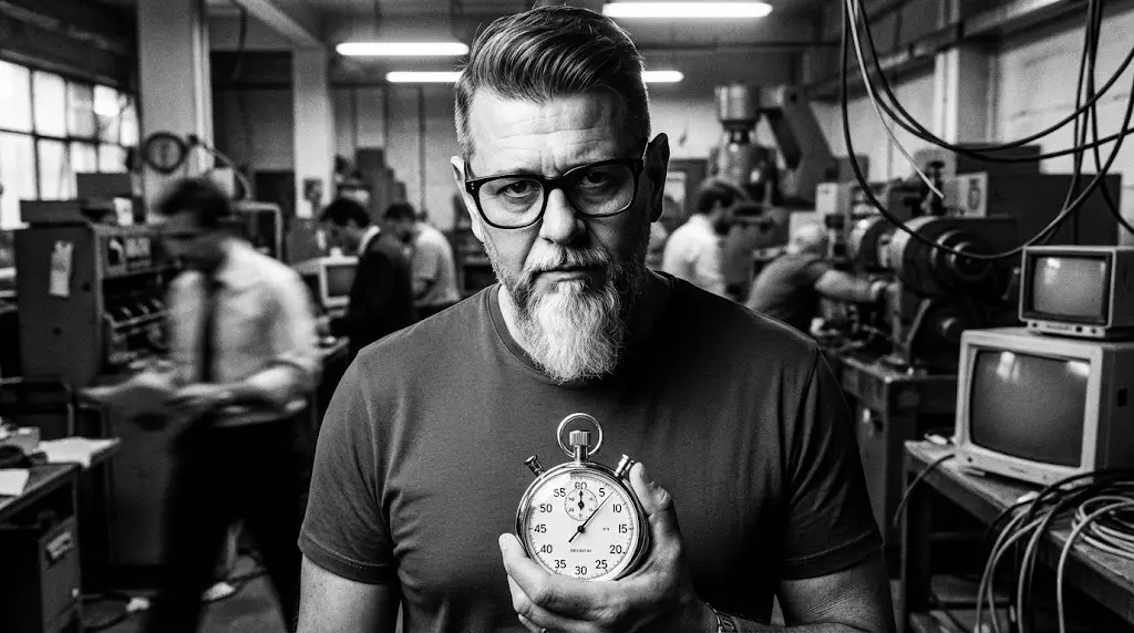 Angelo tiene in mano un cronometro in un ambiente di lavoro, simbolo della misurazione e gestione pratica del tempo.