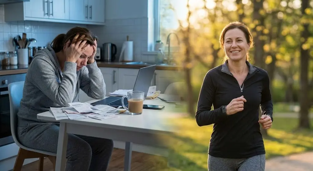 Donna stressata che cerca di cambiare abitudini vs donna felice che ha raggiunto il benessere.
