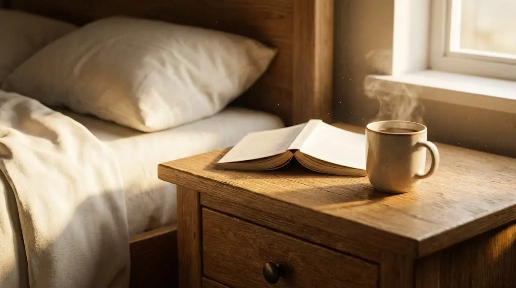 Libro aperto sul comodino e caffè, simbolo della regola dei due minuti e delle piccole abitudini mattutine per la crescita personale.
