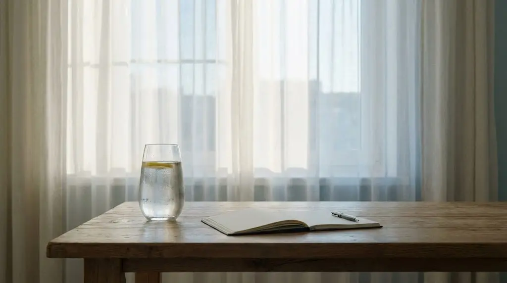 Bicchiere d'acqua e quaderno per la routine mattutina e il priming mentale.
