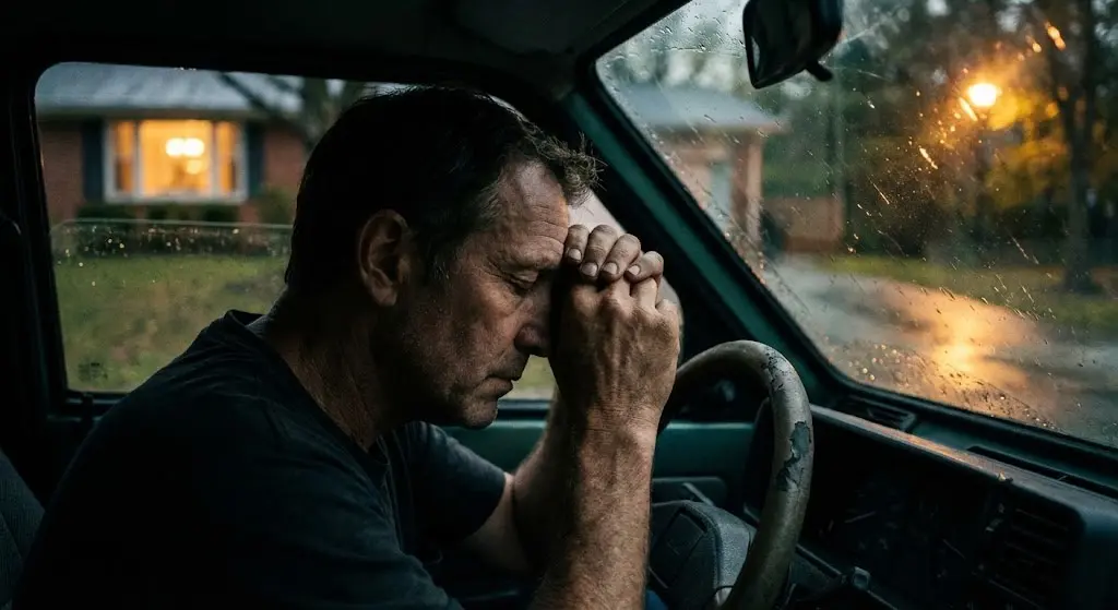 Uomo stanco in auto che respira profondamente per smettere di pensare al lavoro