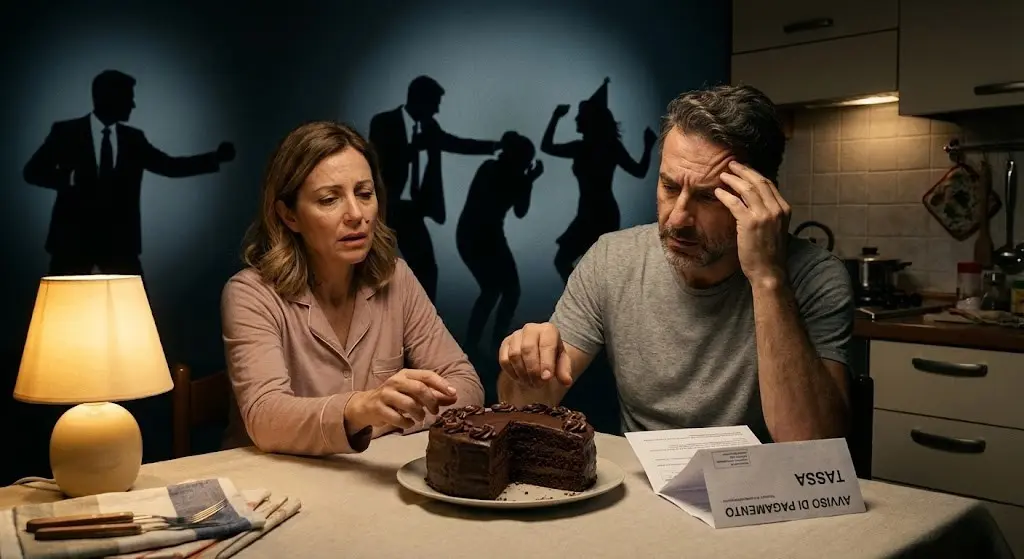 Uomo e donna stressati al tavolo della cucina combattono tra dovere e tentazione cibo. Titolo Immagine: conflitto-interiore-cervello-umano-decisioni.jpg