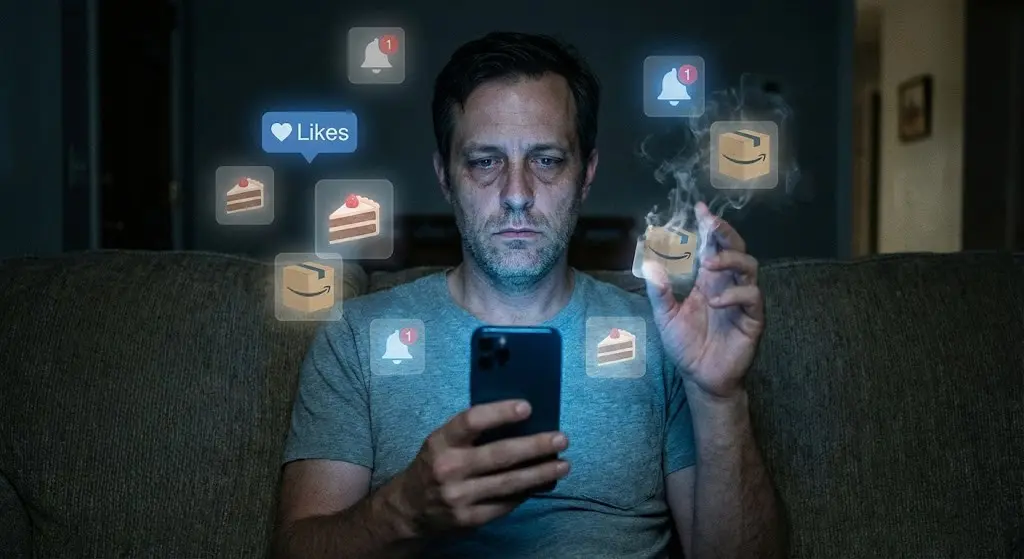 Uomo ipnotizzato dallo smartphone circondato da illusioni di dopamina come like e cibo.