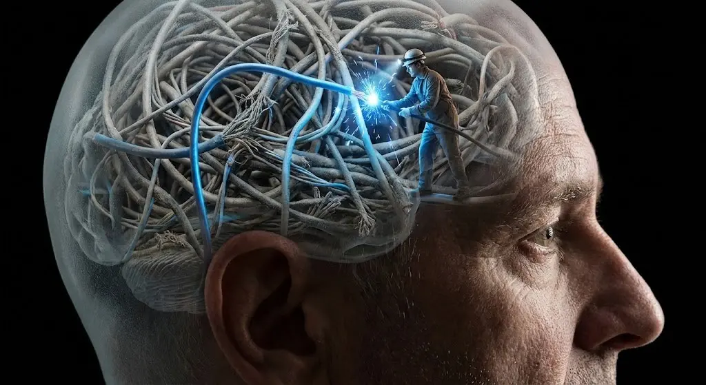 llustrazione metaforica della neuroplasticità come un elettricista che ripara i cavi del cervello.