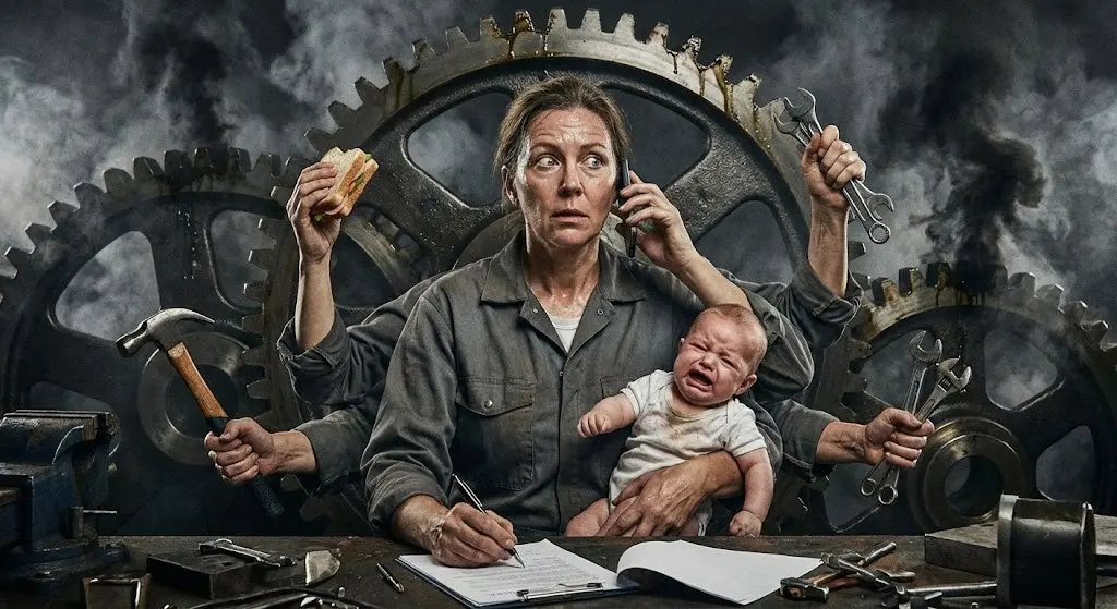 Donna stressata che cerca di fare multitasking sul lavoro con scarsi risultati.