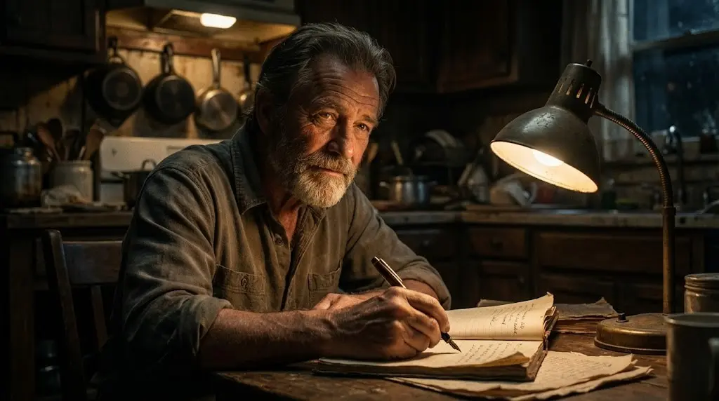 Uomo scrive un elenco di cose positive su un taccuino in un ambiente scuro, esercizio pratico di gratitudine.