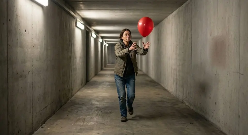 Illustrazione realistica di una persona esausta che insegue un simbolo di felicità effimera in un contesto urbano grigio.