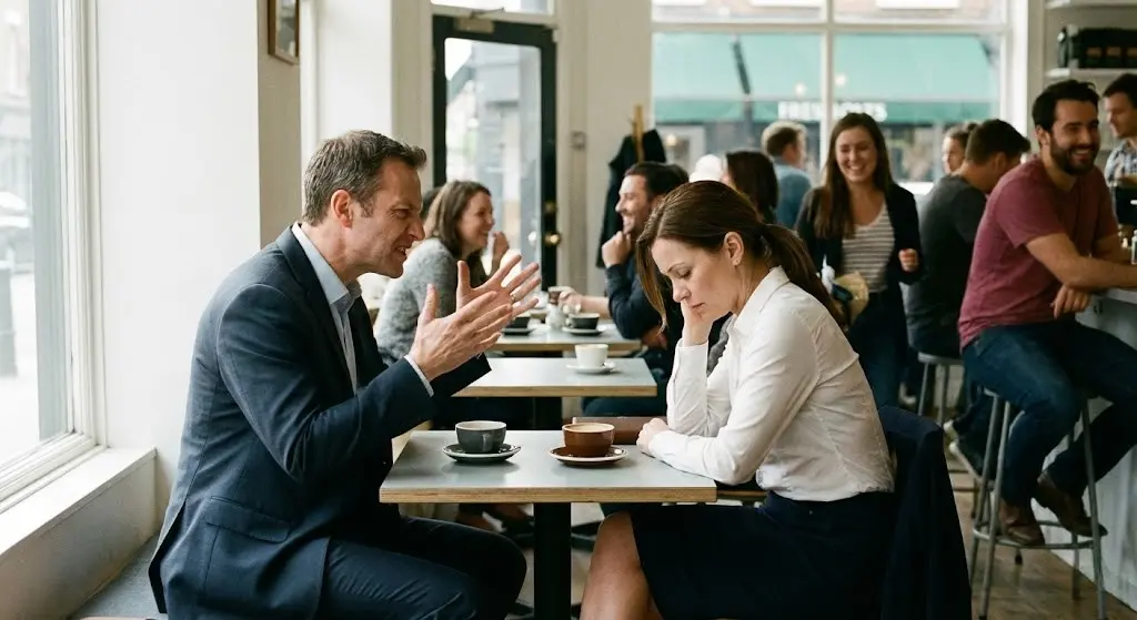 Collega uomo che si lamenta gesticolando con rabbia durante una pausa caffè mentre la collega donna ascolta esausta e priva di energie, rappresentazione realistica dei vampiri energetici e dello stress da lamento.