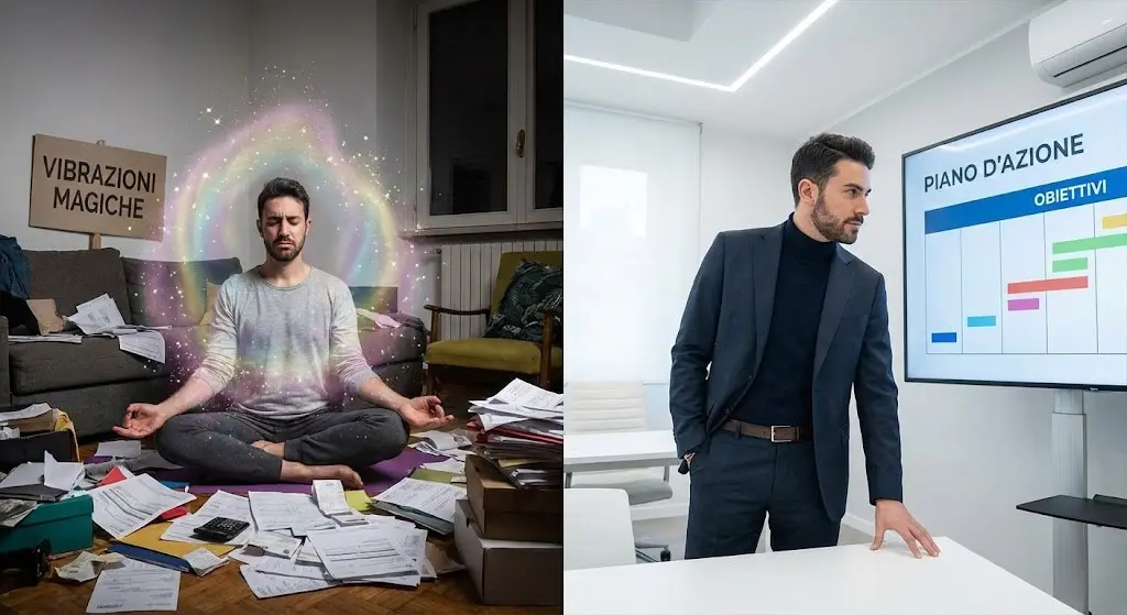 Confronto tra cercare di vibrare alto magicamente e gestire le emozioni con concretezza e azione.