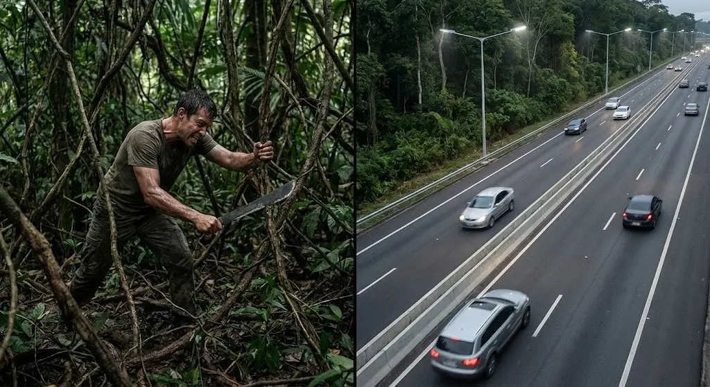 Confronto tra un sentiero nella giungla difficile da percorrere e un'autostrada scorrevole: metafora della neuroplasticità e della costruzione di nuove abitudini.