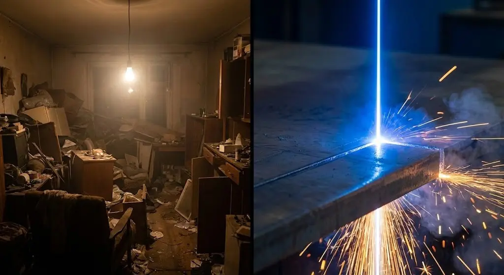 Confronto tra energia dispersa (lampadina) e focus mentale focalizzato (laser che taglia l'acciaio).