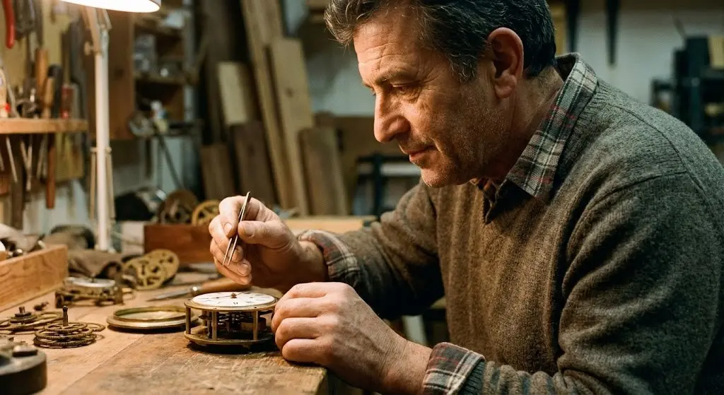 Uomo di mezza età ripara ingranaggi, metafora della motivazione personale e del metodo VFA