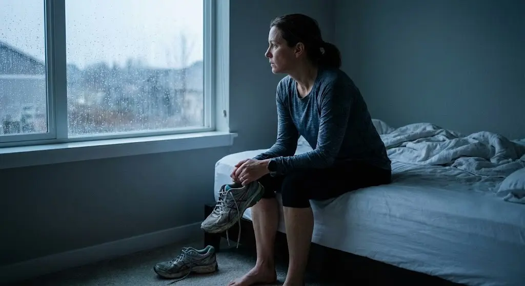 Donna seduta sul letto cerca come trovare la voglia di fare sport.