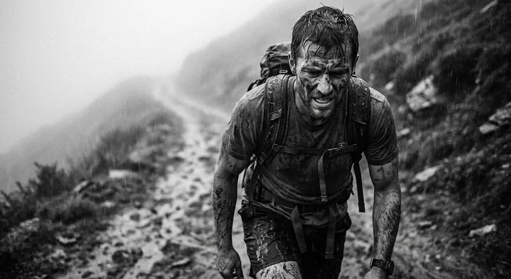 Persona sotto la pioggia che fatica in salita, metafora della perseveranza e del non mollare.