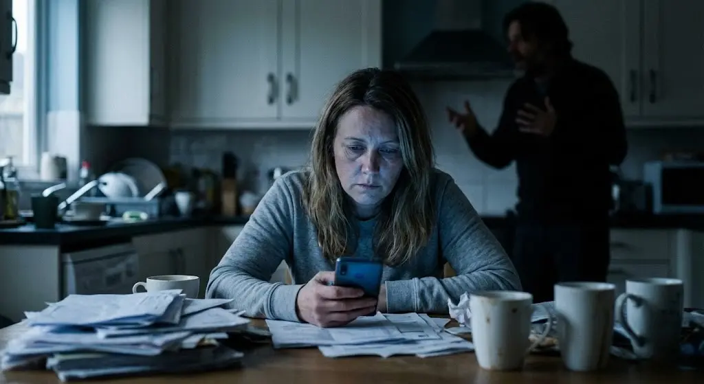 Persona stanca che guarda il telefono, circondata da disordine e stress.