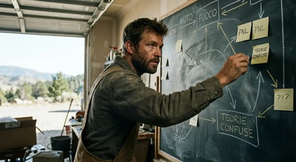 Uomo cancella schemi confusi su una lavagna polverosa e guarda verso la luce esterna, metafora dell'abbandono della vecchia PNL per la realtà.