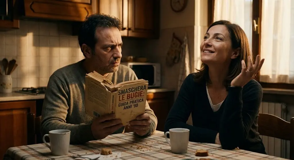 Uomo cerca di interpretare lo sguardo della moglie usando un vecchio manuale di PNL durante una conversazione, metafora dell'errore di interpretazione.