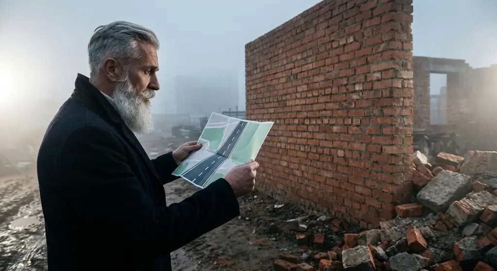 Uomo guarda una mappa che indica strada libera mentre si trova davanti a un muro reale, metafora che la mappa non è il territorio.