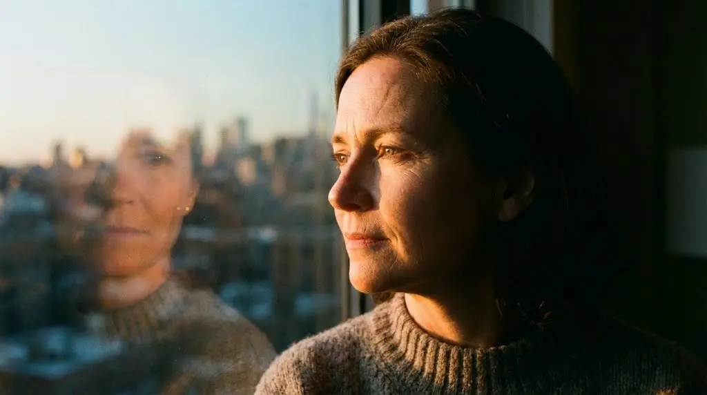 Donna di mezza età stanco al tavolo della cucina, simbolo di stress cronico e carico allostatico.