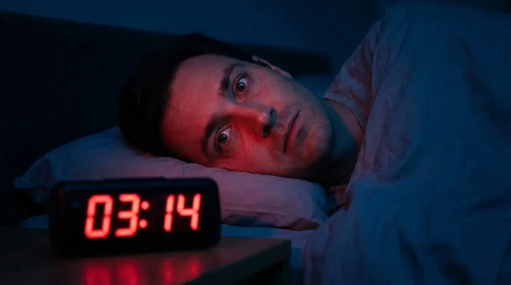 Persona sveglia a letto di notte con insonnia da stress che fissa il vuoto.