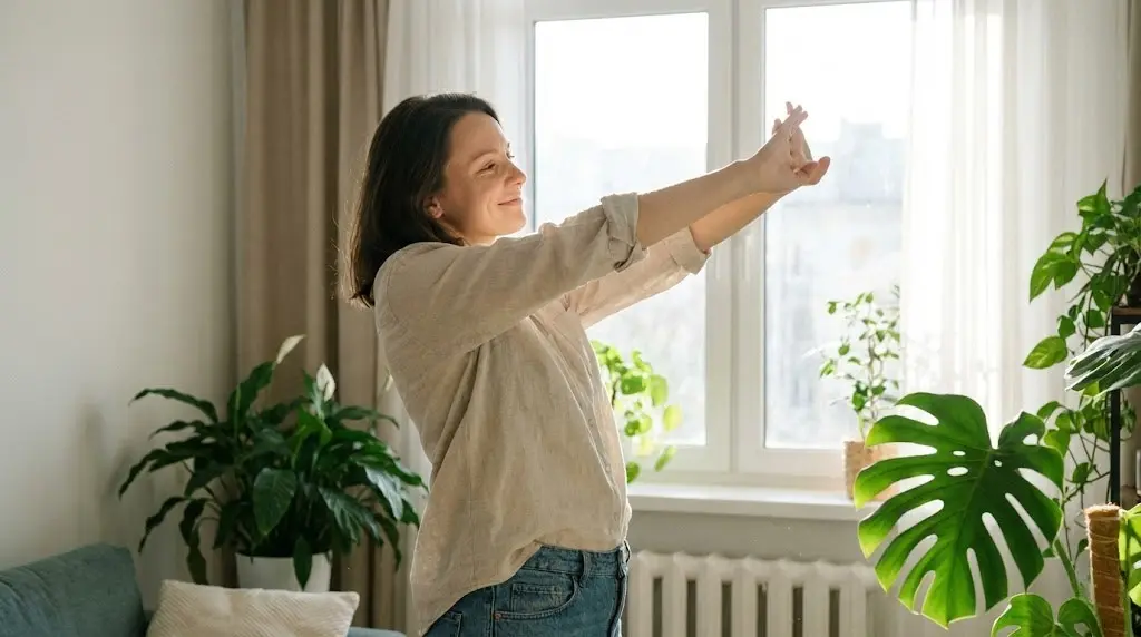 Donna vitale che si prende cura della propria energia fisica e mentale, simbolo di benessere ritrovato.