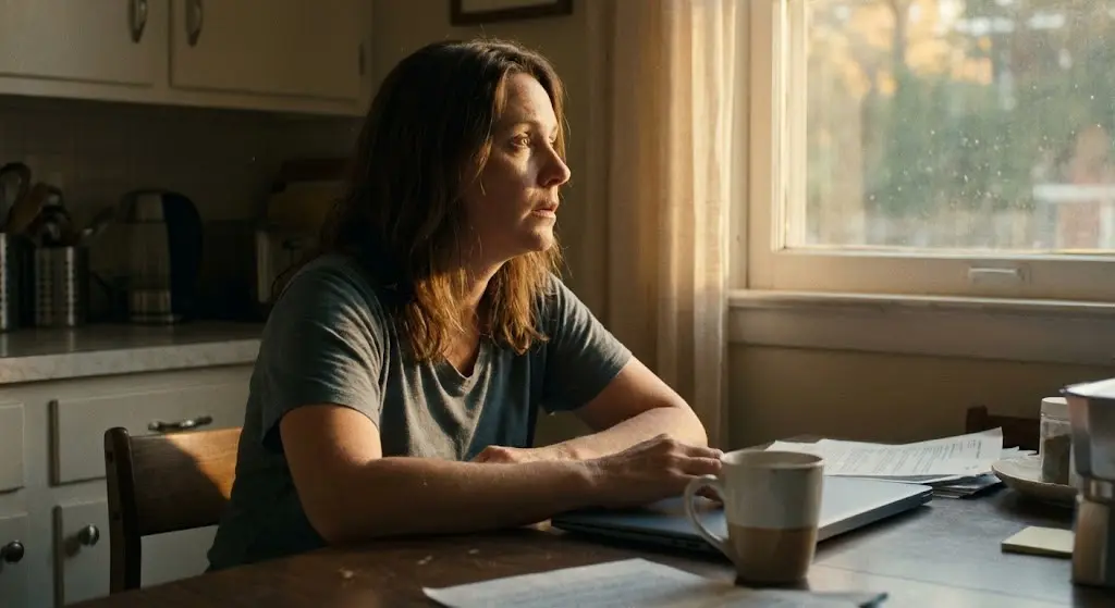 Persona di mezza età seduta al tavolo che riflette sul passare del tempo e sulla gestione delle priorità.