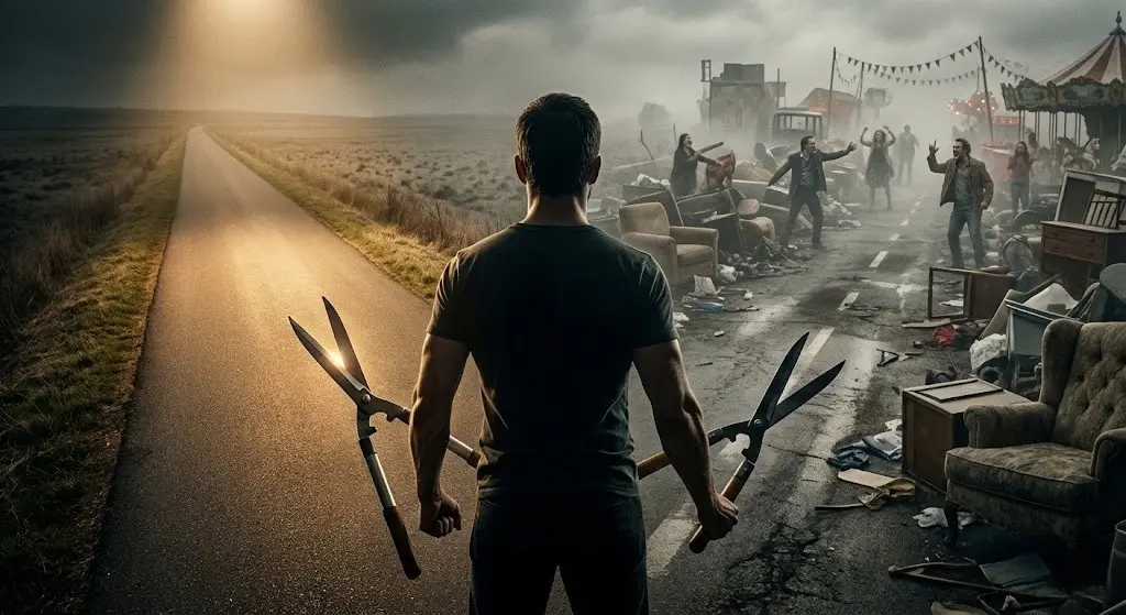 Uomo che sceglie le priorità essenziali e scarta il superfluo di fronte a un bivio metaforico.