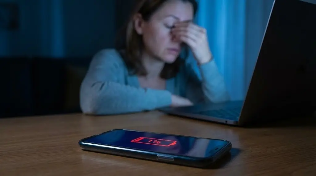 Lavoratore esausto davanti al computer con indicatore di batteria scarica, simbolo di cattiva gestione dell'energia.