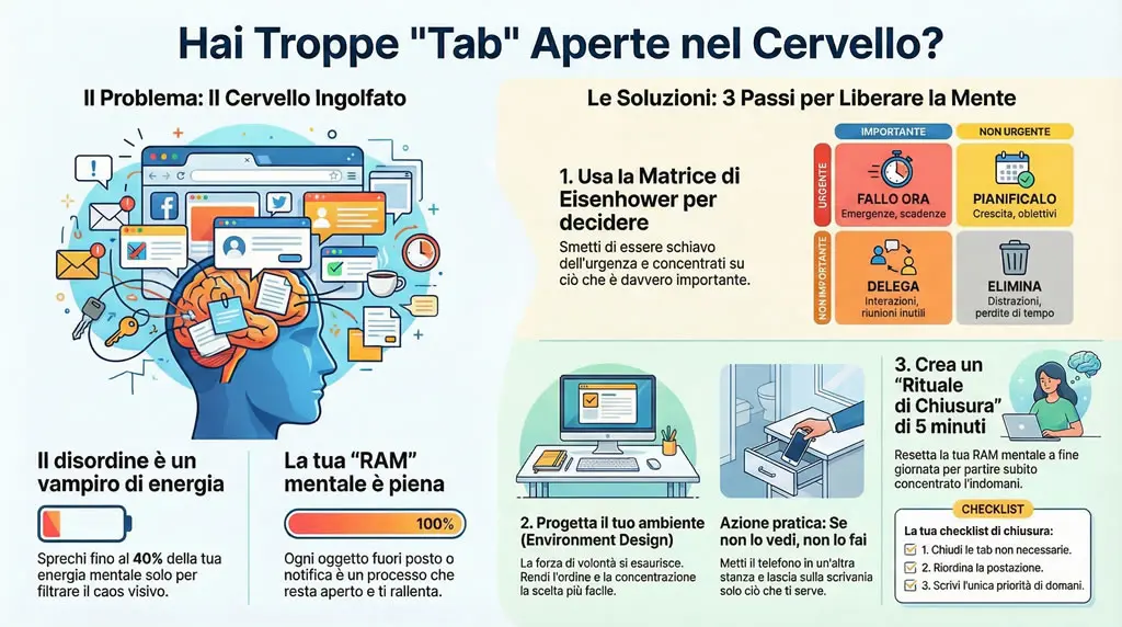 Infografica che illustra il concetto di disorganizzazione cronica come un browser mentale con troppe schede aperte, confrontando il carico cognitivo elevato (caos) con la chiarezza mentale (ordine).