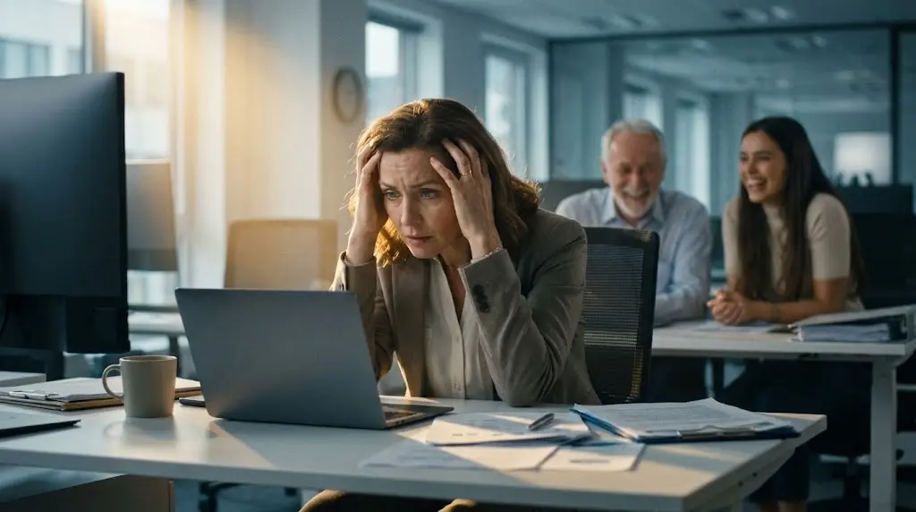 Donna in ufficio con espressione ansiosa davanti al computer, simbolo della sindrome dell'impostore al lavoro.