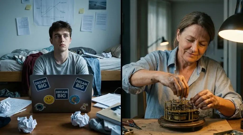 Confronto tra chi cerca la passione senza agire e chi lavora con mentalità da artigiano.