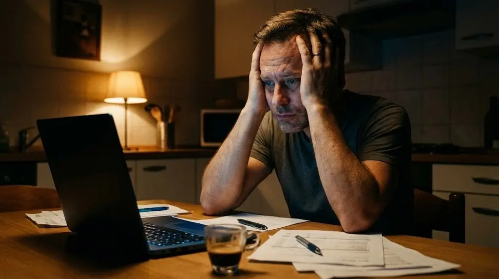 Uomo stressato al tavolo di cucina che rimanda il lavoro per ansia.