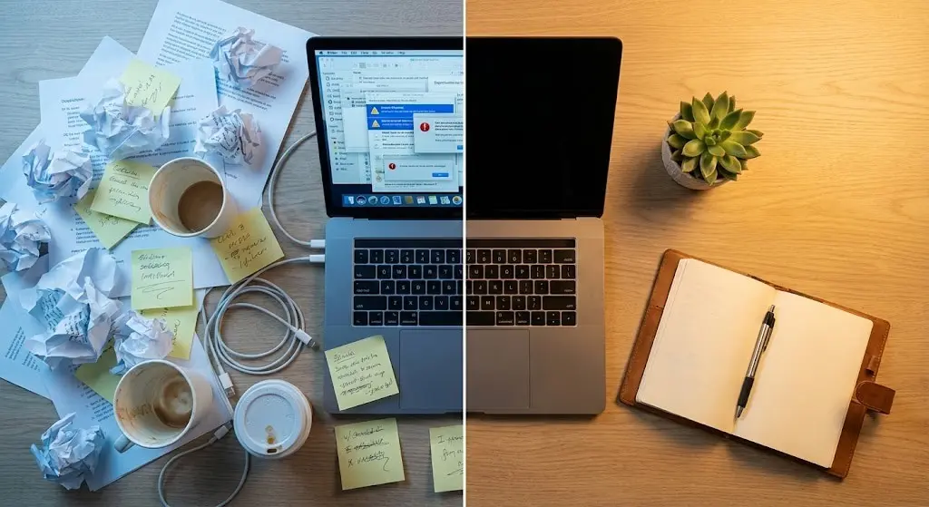 Confronto tra una scrivania disordinata (caos mentale) e una scrivania minimalista (focus produttivo).