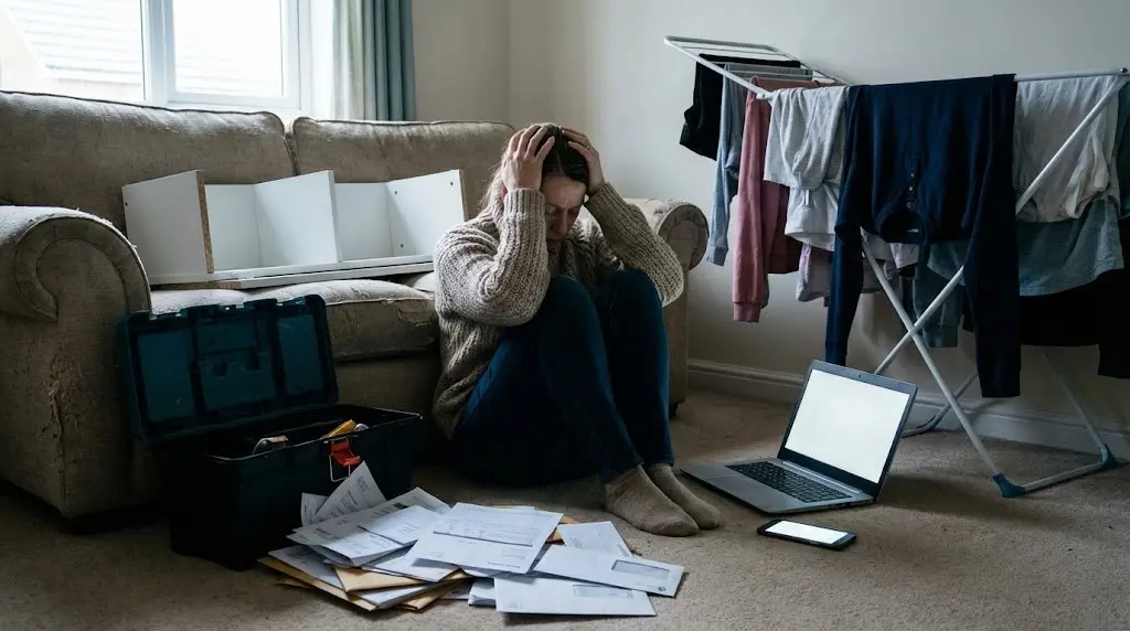 Donna seduta a terra bloccata dalla procrastinazione circondata da bollette e lavori domestici non finiti.