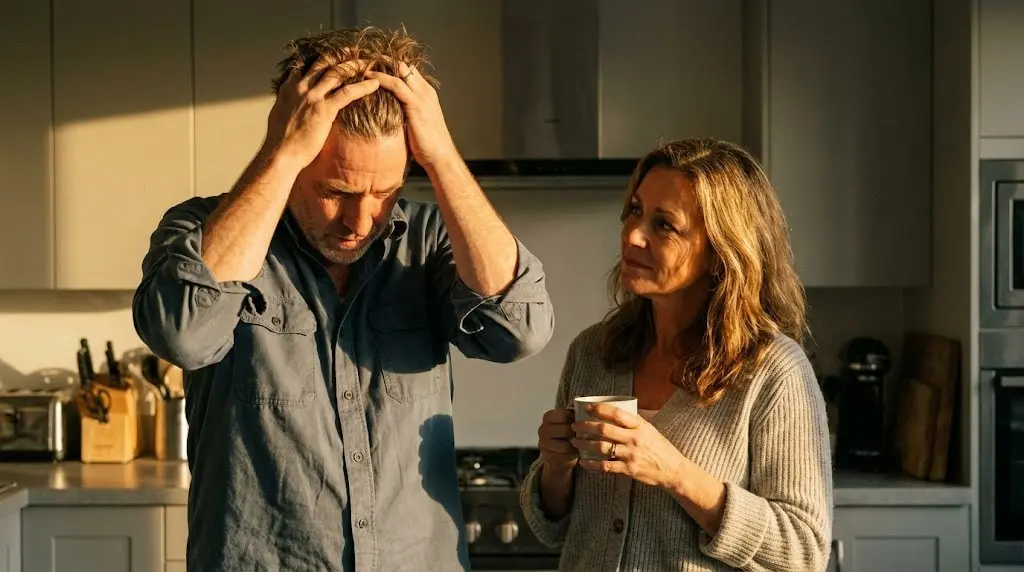 Coppia matura in cucina discute problemi di relazione e manutenzione della coppia.