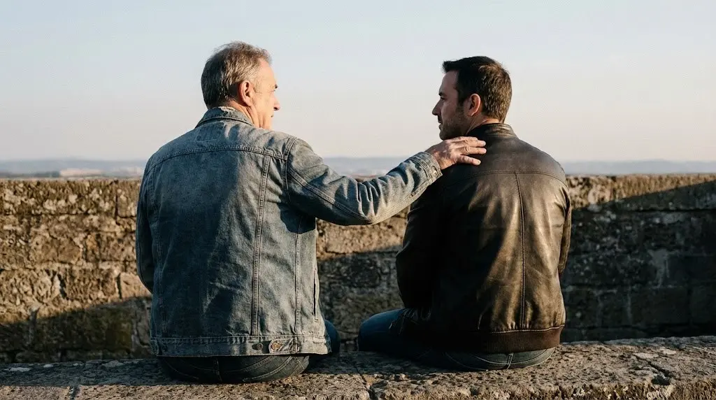 Due amici adulti parlano seriamente su una panchina, simbolo di amicizia vera e sostegno.