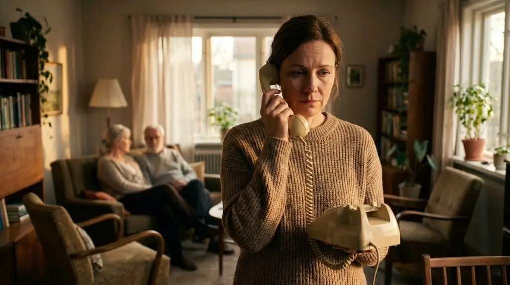 Adulto al telefono con genitori anziani, espressione di conflitto tra amore e dovere.