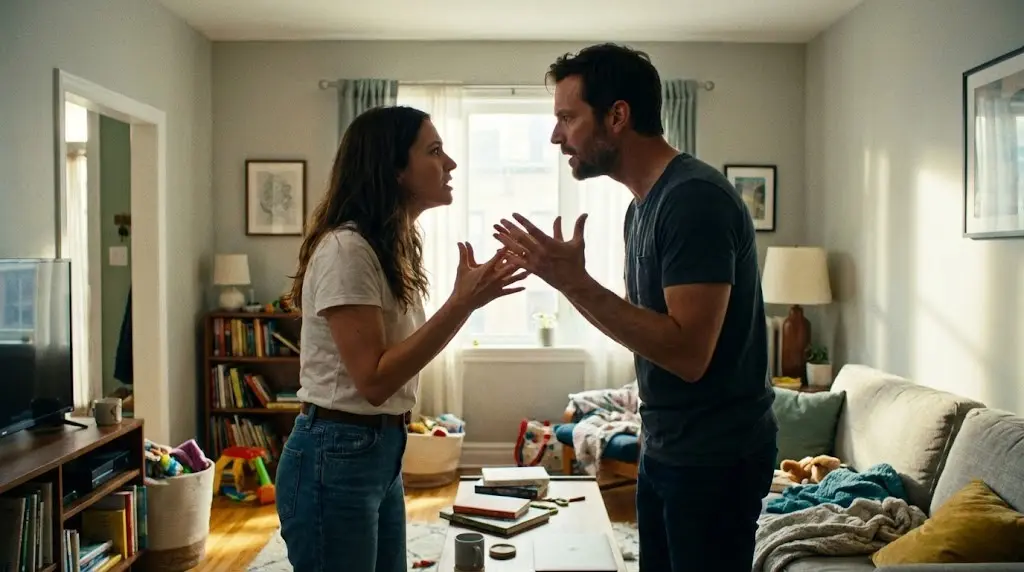 Coppia che discute animatamente in casa, esempio di gestione del conflitto.